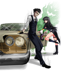 Size: 1145x1350 | Tagged: safe, artist:opcrom, derpibooru import, octavia melody, oc, oc:erebus darkly, oc:overture, ghost, human, 1957 plymouth, full body, humanized, pale car, tentacles