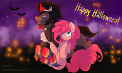 Size: 1023x614 | Tagged: safe, artist:evange, derpibooru import, king sombra, pinkie pie, bat, earth pony, pony, unicorn, clothes, duo, nightmare night, socks, striped socks, underhoof