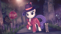 Size: 2560x1440 | Tagged: safe, artist:redaceofspades, rarity, pony, unicorn, 3d, detective, detective rarity, looking at you, pathway, poster, raised hoof, road, shadow, solo, source filmmaker, stop sign, suitcase, tree