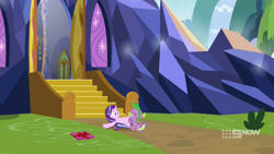 Size: 1920x1080 | Tagged: safe, edit, screencap, spike, starlight glimmer, dragon, pony, unicorn, memories and more, molt down, the last problem, spoiler:memories and more, spoiler:mlp friendship is forever, castle, cropped, female, gift wrapped, lying down, male, mare, on back, shipping, solo, sparlight, stone scales, straight