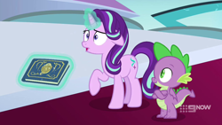 Size: 1280x720 | Tagged: safe, screencap, spike, starlight glimmer, dragon, pony, unicorn, memories and more, spoiler:memories and more, spoiler:mlp friendship is forever, 9now, book, crossed arms, levitation, magic, magic aura, scrapbook, telekinesis, throne room, winged spike
