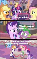 Size: 1324x2104 | Tagged: safe, edit, edited screencap, screencap, applejack, fluttershy, pinkie pie, rainbow dash, rarity, spike, starlight glimmer, sunset shimmer, twilight sparkle, twilight sparkle (alicorn), alicorn, dragon, earth pony, pegasus, pony, unicorn, memories and more, the last problem, spoiler:memories and more, book, clothes, comic, coronation dress, dress, mane seven, mane six, meme, screencap comic, second coronation dress, text, winged spike