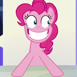 Size: 1000x1000 | Tagged: safe, screencap, pinkie pie, earth pony, pony, party pooped, :d, crazy face, faic, female, mare, smiling, solo, wide eyes