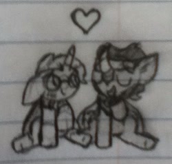 Size: 441x420 | Tagged: safe, artist:thefanficfanpony, derpibooru import, king sombra, sunburst, pony, unicorn, blushing, crack shipping, eyes closed, heart, lined paper, open mouth, shipping, sitting, sketch, smiling, somburst, traditional art