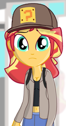 Size: 720x1372 | Tagged: safe, artist:grapefruitface1, sunset shimmer, equestria girls, backpack, clothes, cosplay, costume, crossover, looking at you, mario hat, midriff, sad, solo, super mario bros., vinesauce, vinny (vinesauce)