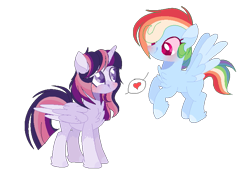 Size: 787x566 | Tagged: safe, artist:xxcutecookieswirlsxx, derpibooru import, rainbow dash, twilight sparkle, twilight sparkle (alicorn), alicorn, pegasus, pony, blushing, chest fluff, female, heart, lesbian, looking at each other, shipping, simple background, transparent background, twidash