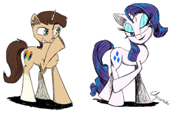 Size: 2000x1319 | Tagged: safe, artist:chopsticks, rarity, oc, oc:rubberneck, pony, unicorn, color, cutie mark, female, male, mare, not shipping, simple background, stallion, stare