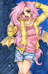 Size: 1090x1691 | Tagged: safe, artist:fir3h34rt, fluttershy, human, bat wings, blood, clothes, flutterbat, humanized, solo, sweater, sweatershy, traditional art, winged humanization