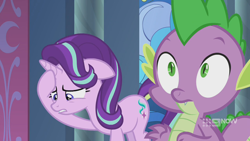 Size: 1280x720 | Tagged: safe, screencap, spike, starlight glimmer, dragon, pony, unicorn, memories and more, spoiler:memories and more, spoiler:mlp friendship is forever, 9now, duo, shocked, shrunken pupils, winged spike, worried