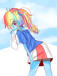 Size: 768x1024 | Tagged: safe, artist:sakurai, derpibooru import, rainbow dash, human, equestria girls, blushing, clothes, compression shorts, cute, dashabetes, female, miniskirt, pixiv, ponytail, profile, rear view, shorts, skirt, solo, towel