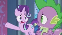 Size: 1280x720 | Tagged: safe, screencap, spike, starlight glimmer, dragon, pony, unicorn, memories and more, spoiler:memories and more, spoiler:mlp friendship is forever, 9now, duo, looking at each other, winged spike, worried