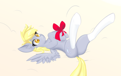 Size: 2804x1763 | Tagged: safe, artist:owlnon, derpy hooves, pegasus, pony, clothes, dock, female, mare, on back, ribbon, socks, solo, spread wings, thigh highs, underhoof, white socks, wings