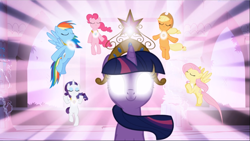 Size: 1667x940 | Tagged: safe, derpibooru import, screencap, applejack, fluttershy, pinkie pie, rainbow dash, rarity, twilight sparkle, unicorn twilight, earth pony, pegasus, pony, unicorn, friendship is magic, big crown thingy, castle of the royal pony sisters, element of generosity, element of honesty, element of kindness, element of laughter, element of loyalty, element of magic, elements of harmony, eyes closed, female, floating, glowing eyes, jewelry, light, magic, mane six, mare, necklace, regalia, smiling, the elements in action, this will end in pain