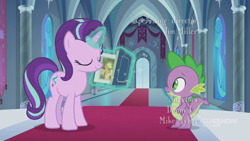 Size: 1280x720 | Tagged: safe, screencap, spike, starlight glimmer, dragon, pony, unicorn, memories and more, spoiler:memories and more, spoiler:mlp friendship is forever, 9now, book, eyes closed, levitation, magic, magic aura, scrapbook, smiling, telekinesis, winged spike