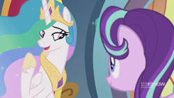 Size: 1280x720 | Tagged: safe, screencap, princess celestia, starlight glimmer, alicorn, pony, unicorn, memories and more, spoiler:memories and more, spoiler:mlp friendship is forever, 9now, duo, looking at each other, magic, magic aura