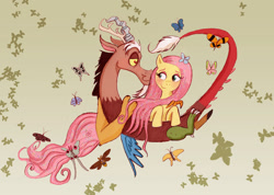 Size: 1024x730 | Tagged: safe, artist:praysforaprankster, discord, fluttershy, butterfly, pegasus, pony, discoshy, female, male, nuzzling, shipping, straight