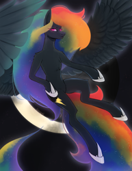 Size: 1785x2310 | Tagged: safe, artist:lavendernougat, derpibooru import, rainbow dash, pegasus, pony, colored pupils, flying, glowing eyes, glowing mane, hoof shoes, nightmare, nightmare rainbow dash, nightmarified, pink eyes, solo