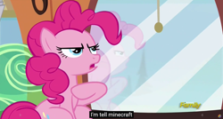 Size: 1600x855 | Tagged: safe, screencap, pinkie pie, earth pony, pony, party pooped, discovery family logo, meme, minecraft, youtube caption