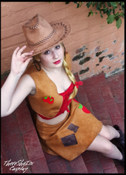 Size: 555x765 | Tagged: safe, artist:marli le roux, artist:theresheisxcosplay, applejack, human, clothes, cosplay, hat, irl, irl human, photo, skirt, vest