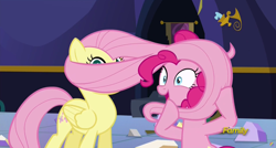 Size: 1600x855 | Tagged: safe, screencap, fluttershy, pinkie pie, earth pony, pegasus, pony, party pooped, discovery family logo