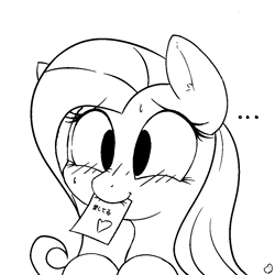 Size: 1000x1000 | Tagged: safe, artist:mrpotat0wned, fluttershy, pegasus, pony, ..., blushing, cute, heart, japanese, love letter, monochrome, mouth hold, nervous, shyabetes, sweat, translated in the comments