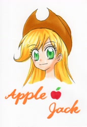 Size: 1170x1707 | Tagged: safe, artist:magical-heart, applejack, human, humanized, pixiv, solo, traditional art