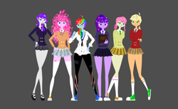 Size: 2950x1800 | Tagged: safe, artist:ismusicisland, derpibooru import, applejack, fluttershy, pinkie pie, rainbow dash, rarity, twilight sparkle, human, clothes, converse, high heels, humanized, leggings, legs, mane six, miniskirt, necktie, plaid skirt, pleated skirt, ponytail, school uniform, shoes, skirt, sneakers, socks, thigh highs, thighs, zettai ryouiki