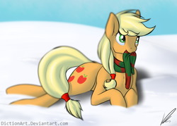 Size: 1024x734 | Tagged: safe, artist:diction, applejack, earth pony, pony, clothes, mouth hold, prone, scarf, snow, solo