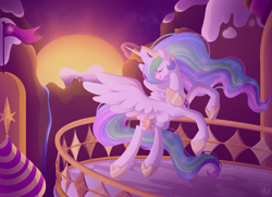 Size: 1800x1300 | Tagged: safe, artist:squididdle, princess celestia, alicorn, pony, balcony, crepuscular rays, eyes closed, flying, solo, sunrise