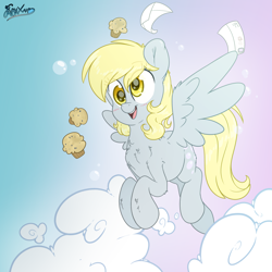 Size: 3500x3500 | Tagged: safe, alternate version, artist:fluffyxai, derpy hooves, pegasus, pony, blushing, chest fluff, cloud, cute, derpabetes, ear fluff, envelope, eye clipping through hair, female, flying, food, high res, leg fluff, letter, mare, muffin, open mouth, solo, spread wings, wings