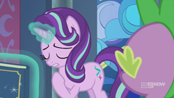 Size: 1280x720 | Tagged: safe, screencap, spike, starlight glimmer, dragon, pony, unicorn, memories and more, spoiler:memories and more, spoiler:mlp friendship is forever, 9now, book, eyes closed, levitation, magic, magic aura, pointing at self, scrapbook, telekinesis, winged spike