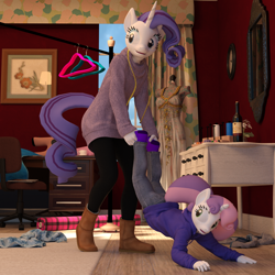 Size: 2000x2000 | Tagged: safe, artist:tahublade7, rarity, sweetie belle, anthro, plantigrade anthro, 3d, alcohol, and then there's rarity, boots, clothes, cute, daz studio, dragging, dress, hoodie, indoors, jeans, measuring tape, missing shoes, pants, sisters, socks, story in the source, sweater, tartan, this will end in fashion, wine