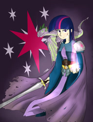 Size: 1200x1570 | Tagged: safe, artist:php49, derpibooru exclusive, derpibooru import, spike, twilight sparkle, dragon, human, cloak, clothes, cutie mark, fantasy class, glare, humanized, looking at you, mage, magic, robe, smirk, smoke, sword, weapon