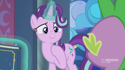 Size: 1280x720 | Tagged: safe, screencap, spike, starlight glimmer, dragon, pony, unicorn, memories and more, spoiler:memories and more, spoiler:mlp friendship is forever, 9now, book, duo, levitation, looking at each other, magic, magic aura, scrapbook, smiling, telekinesis, winged spike