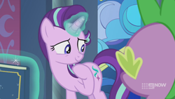 Size: 1280x720 | Tagged: safe, screencap, spike, starlight glimmer, dragon, pony, unicorn, memories and more, spoiler:memories and more, spoiler:mlp friendship is forever, 9now, book, duo, levitation, magic, magic aura, scrapbook, smiling, telekinesis, winged spike