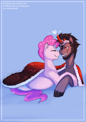Size: 900x1273 | Tagged: safe, artist:evange, derpibooru import, bubble berry, king sombra, pinkie pie, earth pony, pony, unicorn, adoraberry, beard, boop, cape, clothes, crack shipping, cuddling, cute, diapinkes, eyes closed, facial hair, fangs, gay, grin, half r63 shipping, heart, male, noseboop, one eye closed, prone, rule 63, rule63betes, shipping, smiling, snuggling, sombraberry, sombradorable, sombrapie, wink