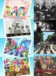 Size: 1200x1633 | Tagged: safe, screencap, blaze, cherry jubilee, cloudchaser, pinkie pie, spitfire, human, pony, party pooped, abbey road, cavern club, comparison, discovery family, drums, george harrison, guitar, irl, irl human, john lennon, lonely hearts, microphone, natural act, northern song, paul mccartney, photo, pinko starr, ponified, reference, ringo starr, royal command performance, sgt. pepper, sgt. pepper's lonely hearts club band, strawberry fields, the beatles, wonderbolts