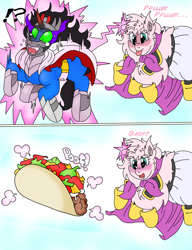 Size: 1384x1800 | Tagged: safe, artist:blackbewhite2k7, derpibooru import, king sombra, oc, oc:fluffle puff, pony, unicorn, beam, blushing, comic, crossover, dabura, dragon ball z, drool, exclamation point, fat buu, food, food transformation, gasp, inanimate tf, interrobang, majin buu, open mouth, poof, question mark, raspberry, sombra eyes, taco, tongue out, transformation, wide eyes, xk-class end-of-the-world scenario