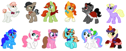 Size: 1502x611 | Tagged: safe, artist:thefanficfanpony, derpibooru import, doctor caballeron, king sombra, sunburst, svengallop, oc, oc:crescendo hearts, oc:dragon heart, oc:frost fire, oc:madison quick, oc:sugar cloud, pony, unicorn, base used, blush sticker, blushing, bow, bowtie, clothes, foal, glasses, hair bow, jewelry, lidded eyes, looking back, looking up, necklace, open mouth, raised hoof, scarf, simple background, smiling, spread wings, white background, younger