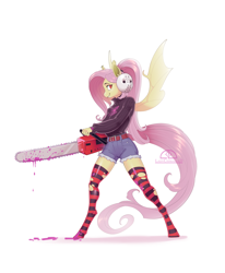 Size: 1174x1424 | Tagged: safe, artist:ladychimaera, fluttershy, anthro, bat pony, unguligrade anthro, belt, chainsaw, clothes, digital art, fake blood, female, flutterbat, halloween, hockey mask, holiday, juice, mask, race swap, shorts, simple background, smiling, socks, solo, striped socks, sweater, thigh highs, white background