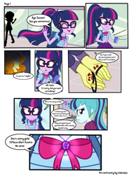 Size: 5300x7200 | Tagged: dead source, safe, artist:wubcakeva, adagio dazzle, sci-twi, sonata dusk, sunset shimmer, twilight sparkle, comic:twilight's dawn, better together, equestria girls, canterlot mall, comic, gem, geode of telekinesis, implied slenderman, it's a trap, laughing, lip bite, magical geodes, markiplier, pewdiepie, phone, ribbon, show accurate, siren gem, t-series, this will not end well