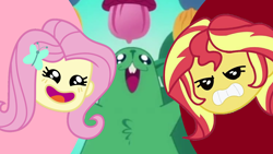 Size: 1280x720 | Tagged: safe, edit, editor:biggernate91, fluttershy, sunset shimmer, squirrel, better together, equestria girls, game stream, emoji, shimmercode, sunset shimmer frustrated at game, thumbnail, youtube, youtube thumbnail