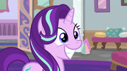 Size: 1920x1080 | Tagged: safe, screencap, starlight glimmer, pony, unicorn, a horse shoe-in, cute, excited, female, glimmerbetes, grin, hair flip, looking at someone, mare, smiling, solo