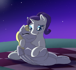 Size: 942x866 | Tagged: safe, artist:ravenpuff, derpy hooves, rarity, pegasus, pony, unicorn, cuddling, derpity, female, lesbian, mare, neck nuzzle, night, picnic blanket, shipping, smiling