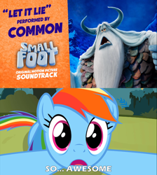 Size: 2000x2234 | Tagged: safe, derpibooru import, rainbow dash, pegasus, pony, caption, common, epic wub time, image macro, let it lie, meme, smallfoot, so awesome, song, stonekeeper, text, wide eyes