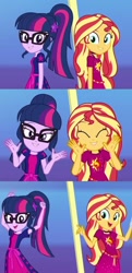 Size: 1024x2114 | Tagged: safe, edit, screencap, sci-twi, sunset shimmer, twilight sparkle, better together, equestria girls, i'm on a yacht, clothes, cute, dancing, friendship, geode of empathy, geode of telekinesis, glasses, happy, looking at you, magical geodes, ponytail, shimmerbetes, smiley face, smiling, sunlight, twiabetes