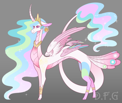 Size: 1280x1073 | Tagged: safe, artist:dragonfoxgirl, princess celestia, draconequus, celestequus, draconequified, multiple wings, solo, species swap, tail feathers