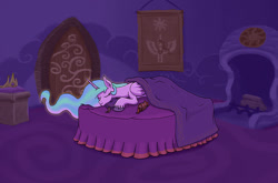 Size: 1000x658 | Tagged: safe, artist:sensko, princess celestia, alicorn, pony, bed, bedroom, cute, dark, eyes closed, prone, sleeping, smiling, solo, unshorn fetlocks