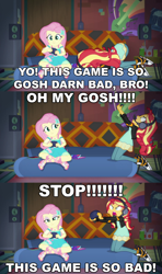 Size: 1366x2304 | Tagged: safe, edit, edited screencap, editor:sonic ranger, screencap, fluttershy, sunset shimmer, better together, equestria girls, game stream, angry, kaus, madden 18, psycho gamer sunset, rage quit, shoes, sneakers