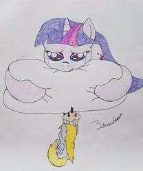 Size: 2683x3226 | Tagged: safe, artist:andrew.a., derpy hooves, twilight sparkle, pegasus, pony, unicorn, crying, cupcake, food, sad smile, tears of joy, traditional art